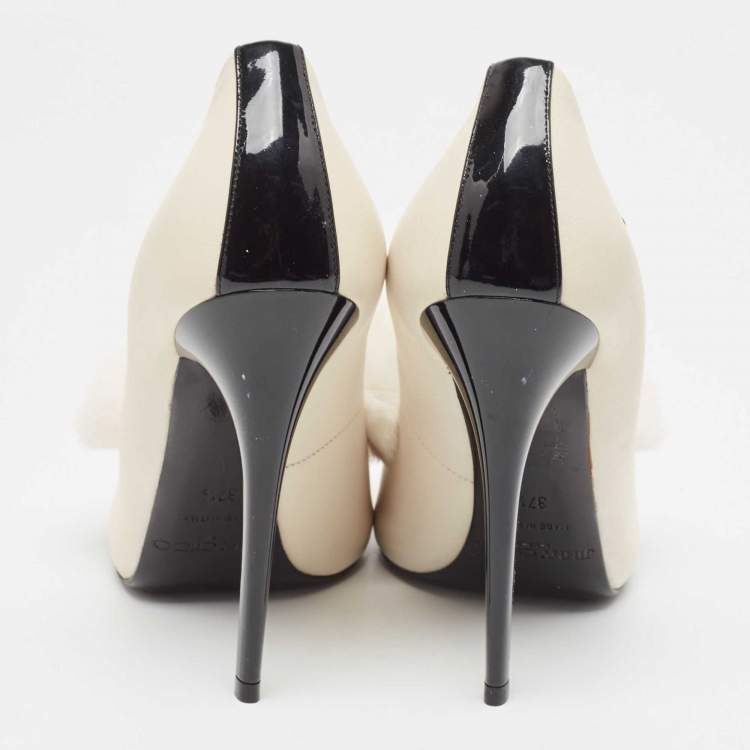 Pre Owned Jimmy Choo Off White Leather Pom Pom Ankle Tie Peep Toe Pumps Size 37.5