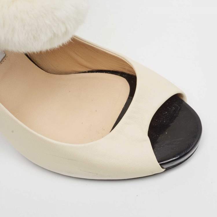 Pre Owned Jimmy Choo Off White Leather Pom Pom Ankle Tie Peep Toe Pumps Size 37.5