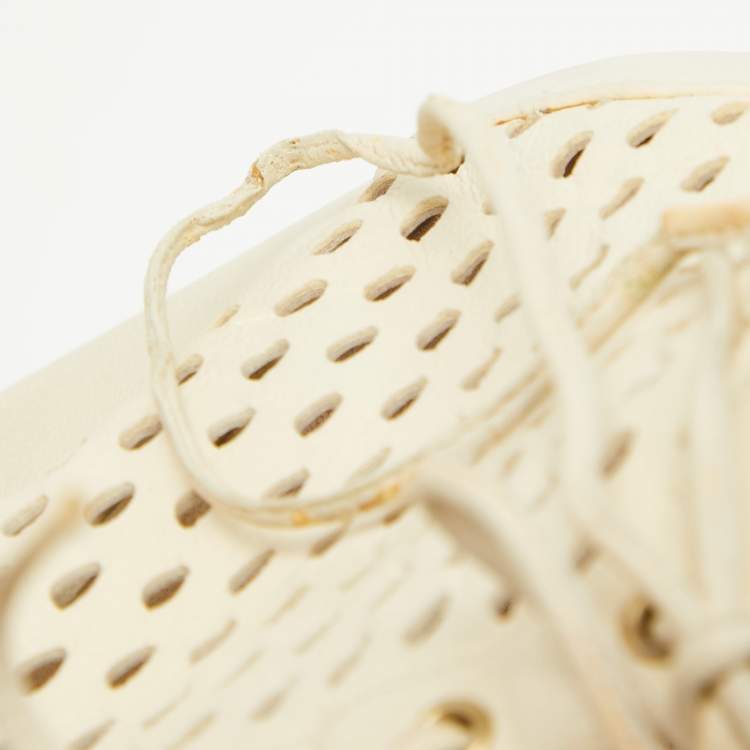 Pre Owned Jimmy Choo Off White Perforated Leather Lace Up Cork Wedge Booties Size 37
