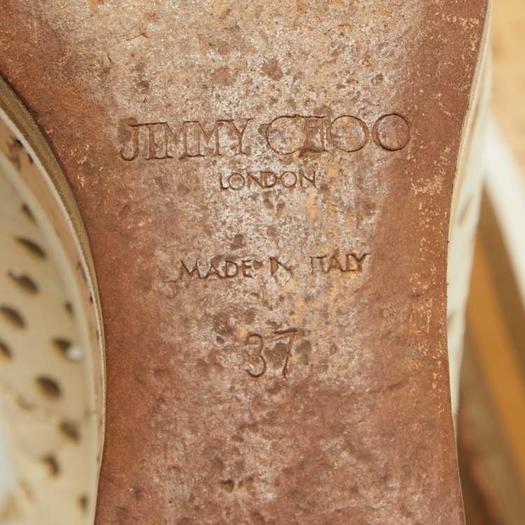 Pre Owned Jimmy Choo Off White Perforated Leather Lace Up Cork Wedge Booties Size 37