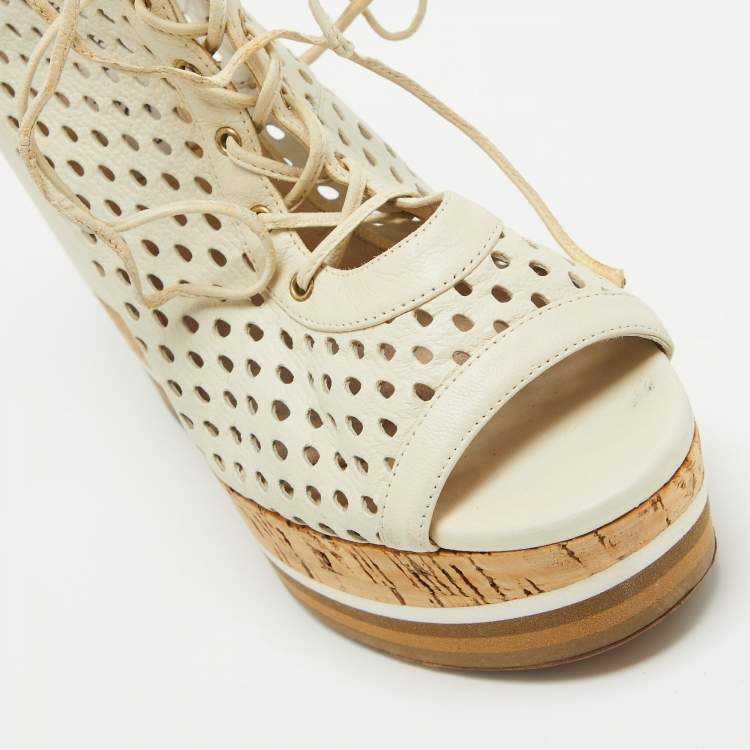 Pre Owned Jimmy Choo Off White Perforated Leather Lace Up Cork Wedge Booties Size 37