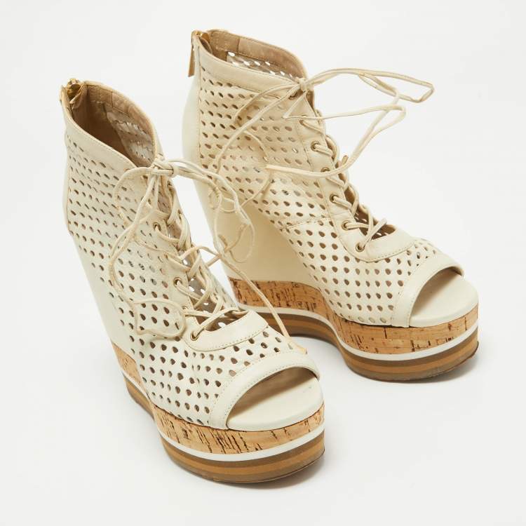 Pre Owned Jimmy Choo Off White Perforated Leather Lace Up Cork Wedge Booties Size 37