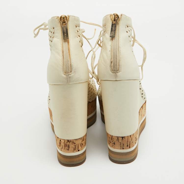 Pre Owned Jimmy Choo Off White Perforated Leather Lace Up Cork Wedge Booties Size 37