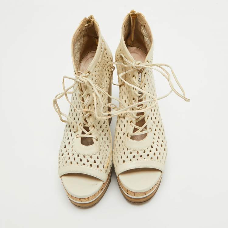 Pre Owned Jimmy Choo Off White Perforated Leather Lace Up Cork Wedge Booties Size 37
