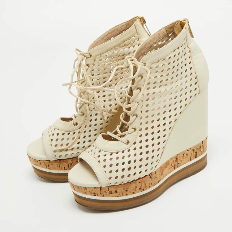 Pre Owned Jimmy Choo Off White Perforated Leather Lace Up Cork Wedge Booties Size 37