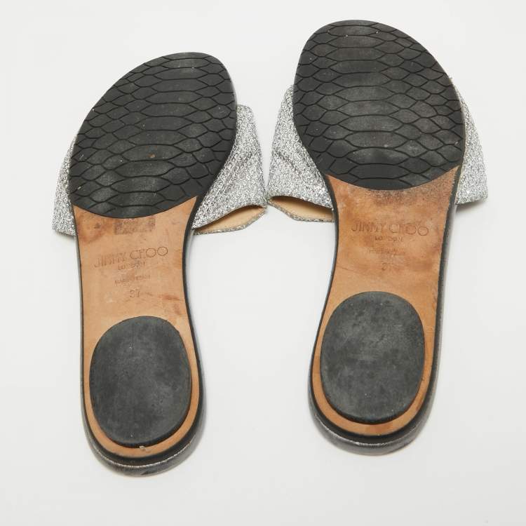 Pre Owned Jimmy Choo Silver Glitter and Leather Nanda Flat Slides Size 37