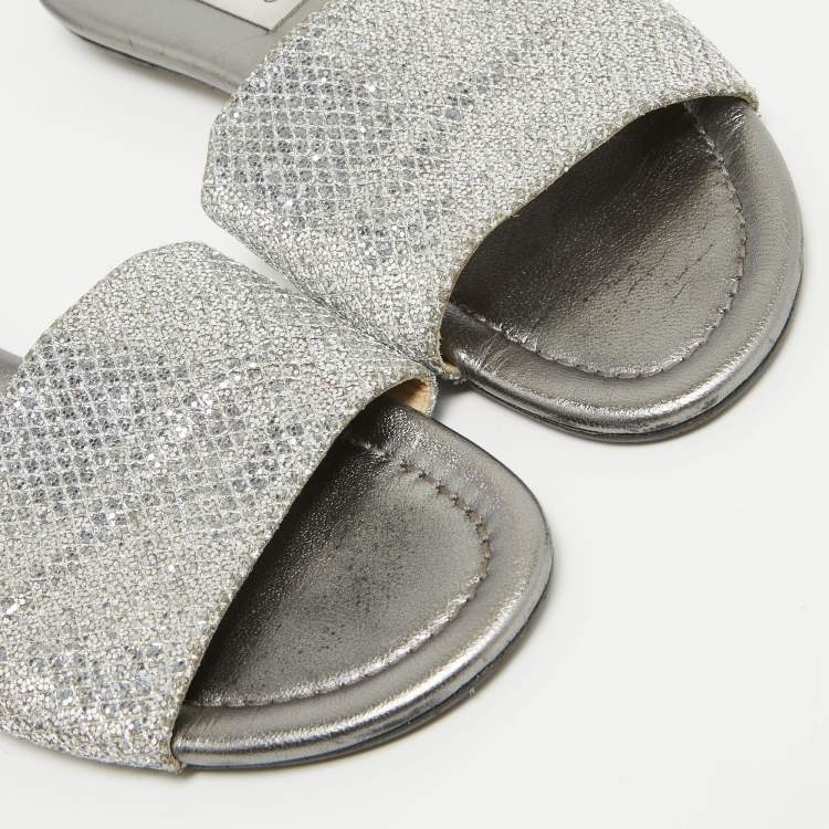 Pre Owned Jimmy Choo Silver Glitter and Leather Nanda Flat Slides Size 37