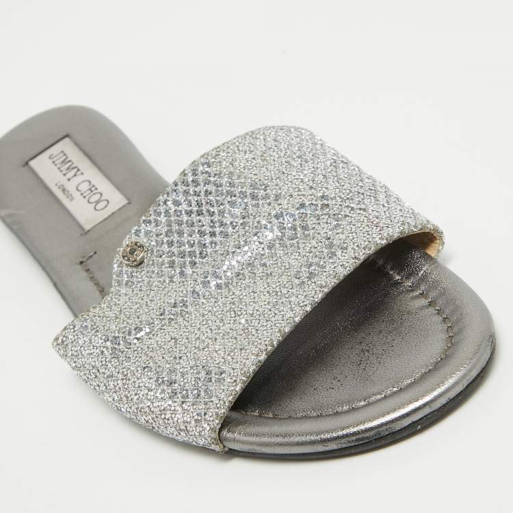 Pre Owned Jimmy Choo Silver Glitter and Leather Nanda Flat Slides Size 37