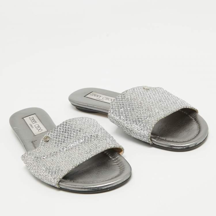 Pre Owned Jimmy Choo Silver Glitter and Leather Nanda Flat Slides Size 37