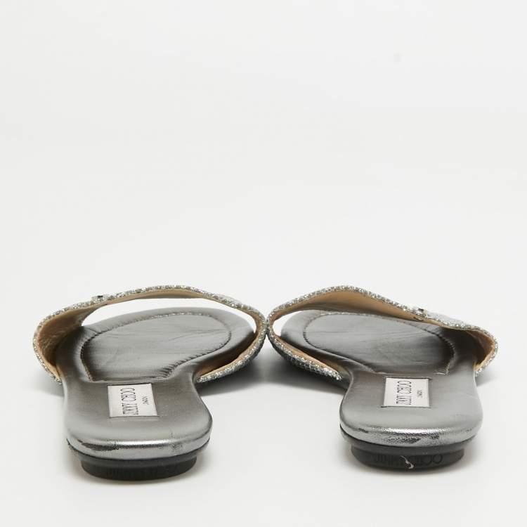 Pre Owned Jimmy Choo Silver Glitter and Leather Nanda Flat Slides Size 37