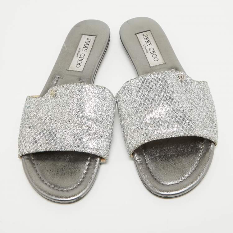 Pre Owned Jimmy Choo Silver Glitter and Leather Nanda Flat Slides Size 37