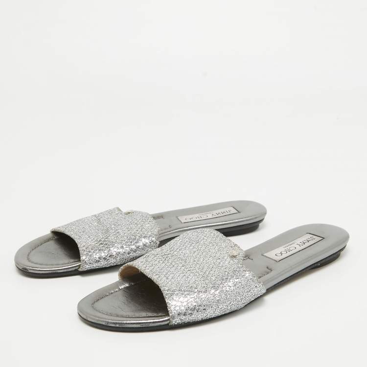 Pre Owned Jimmy Choo Silver Glitter and Leather Nanda Flat Slides Size 37