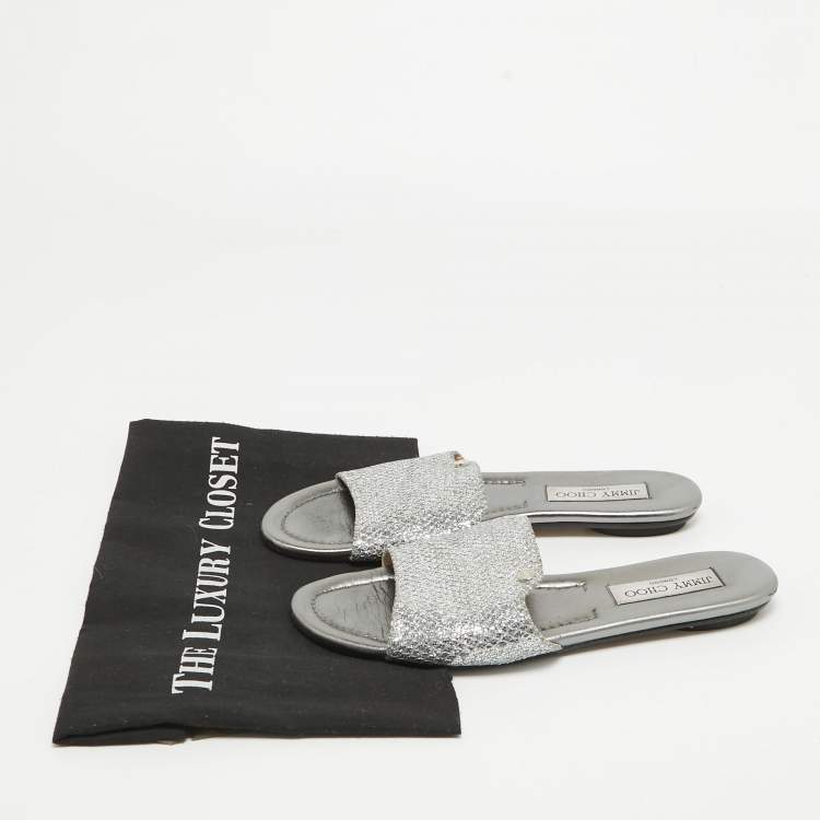 Pre Owned Jimmy Choo Silver Glitter and Leather Nanda Flat Slides Size 37