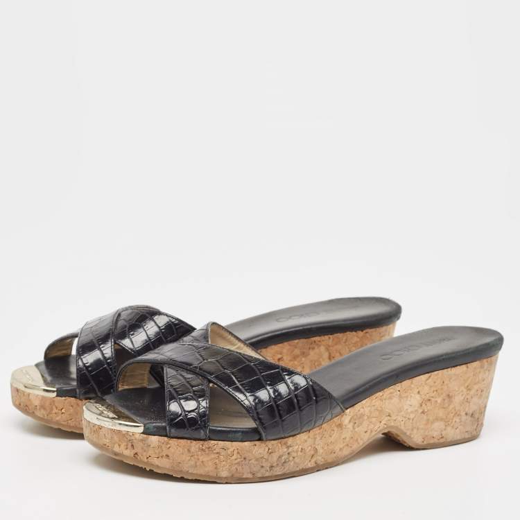Pre Owned Jimmy Choo Black Croc Embossed Prima Wedge Sandals Size 39