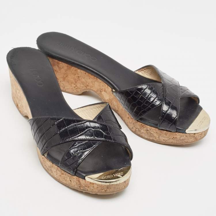 Pre Owned Jimmy Choo Black Croc Embossed Prima Wedge Sandals Size 39