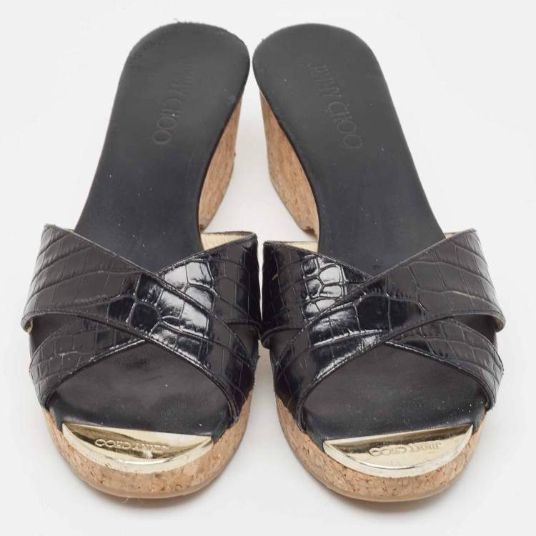 Pre Owned Jimmy Choo Black Croc Embossed Prima Wedge Sandals Size 39