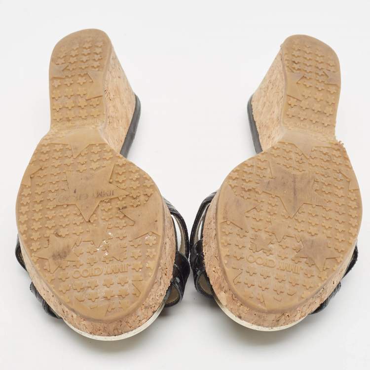 Pre Owned Jimmy Choo Black Croc Embossed Prima Wedge Sandals Size 39