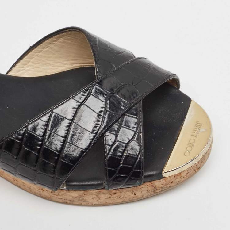 Pre Owned Jimmy Choo Black Croc Embossed Prima Wedge Sandals Size 39