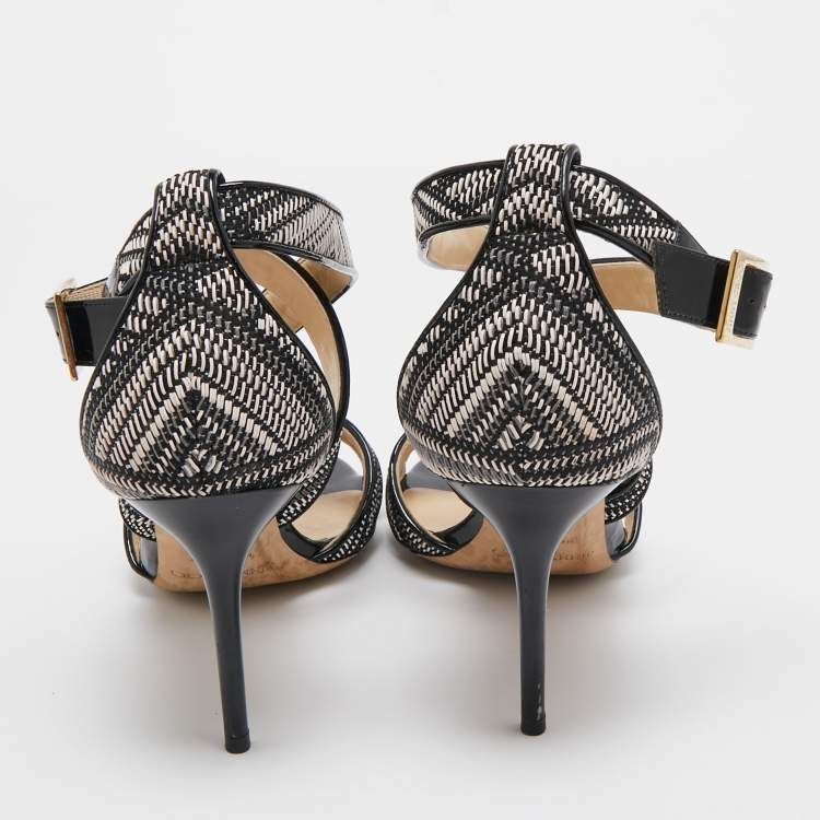 Pre Owned Jimmy Choo Black/Cream Patent Striped Sandals Size 40