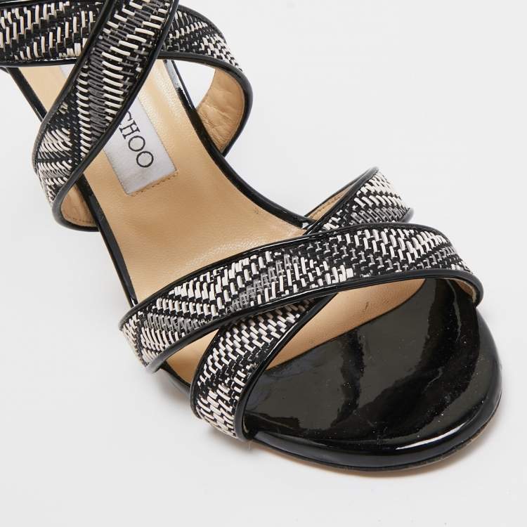 Pre Owned Jimmy Choo Black/Cream Patent Striped Sandals Size 40