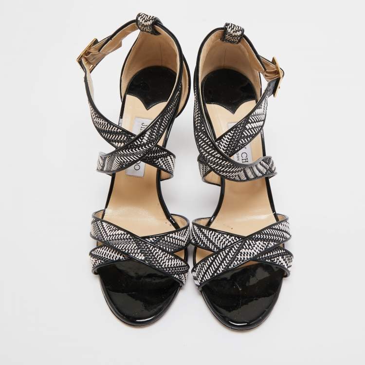 Pre Owned Jimmy Choo Black/Cream Patent Striped Sandals Size 40