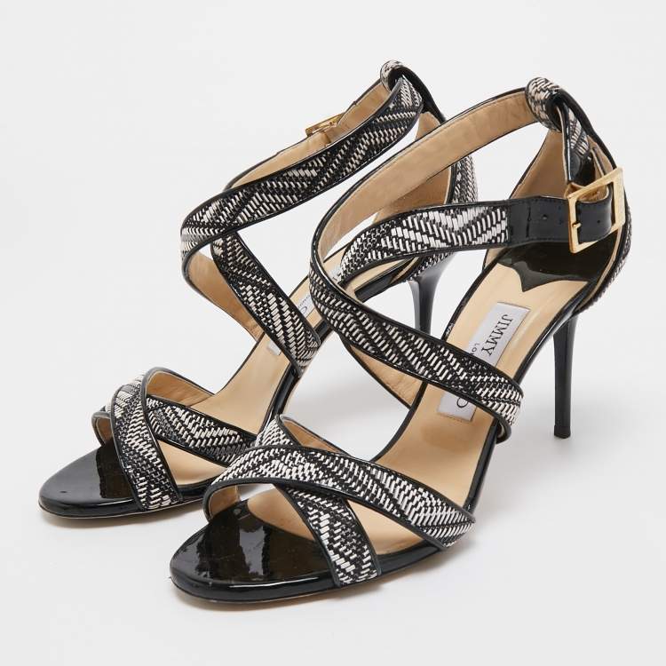 Pre Owned Jimmy Choo Black/Cream Patent Striped Sandals Size 40