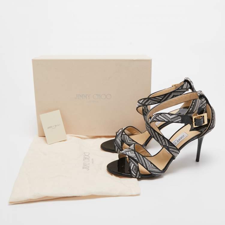 Pre Owned Jimmy Choo Black/Cream Patent Striped Sandals Size 40