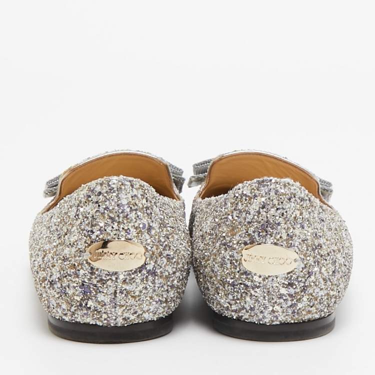 Pre Owned Jimmy Choo Silver Glitter Gala Ballet Flats Size 39