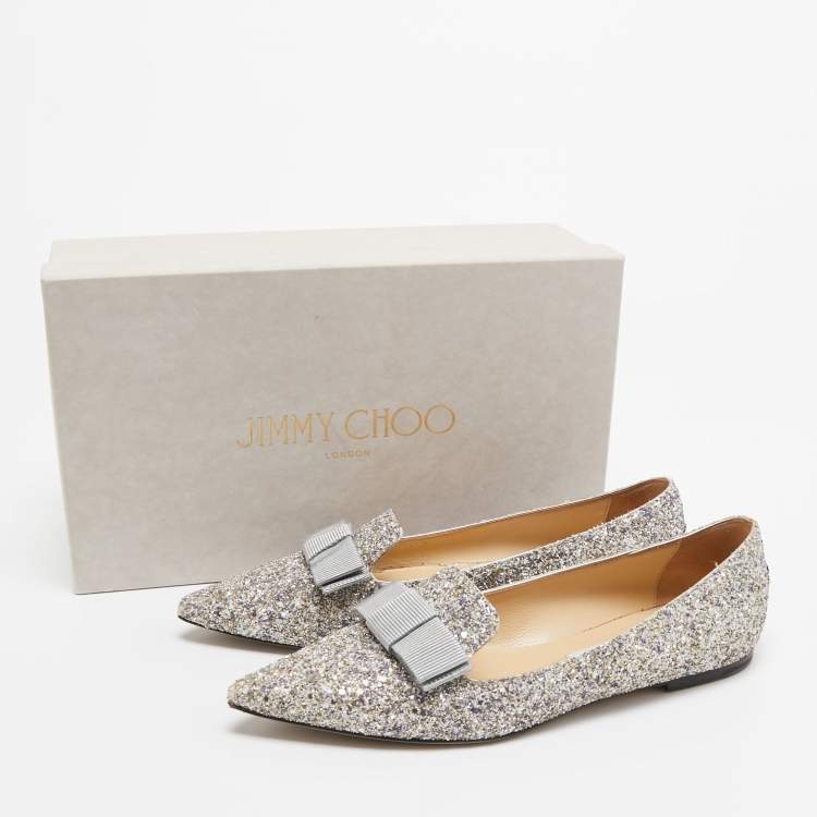 Pre Owned Jimmy Choo Silver Glitter Gala Ballet Flats Size 39