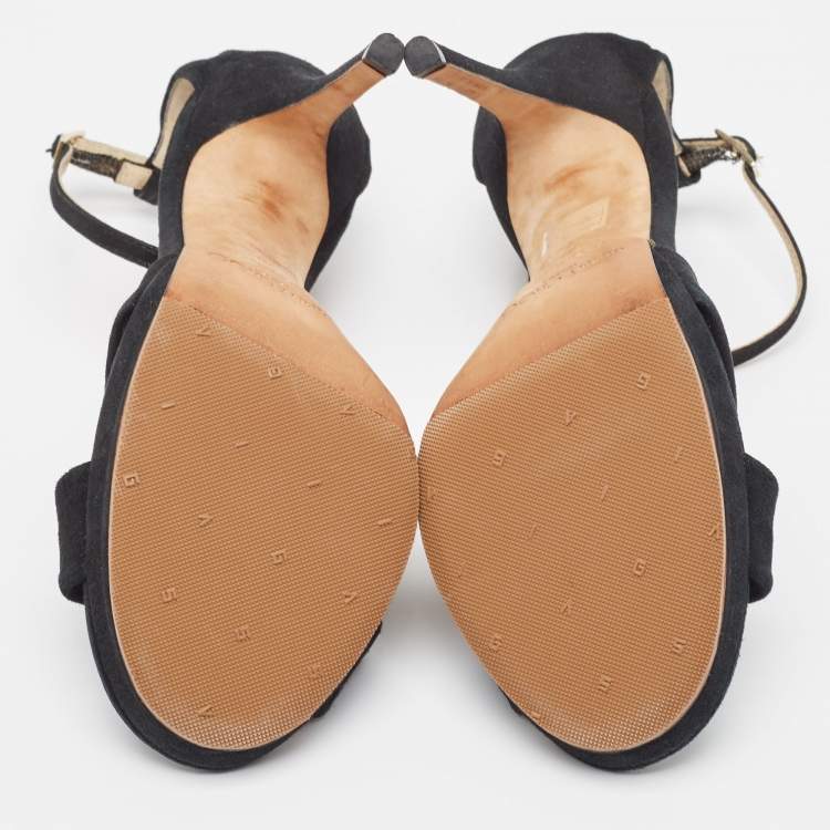 مملوكة مسبقًا Jimmy Choo Black Laminated Suede Macy Ankle Strap Sandals Size 38