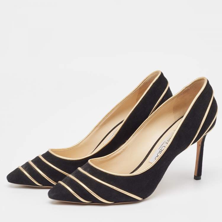 Pre Owned Jimmy Choo Black/Gold Suede and Leather Romy Pumps Size 38