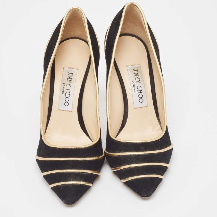 Pre Owned Jimmy Choo Black/Gold Suede and Leather Romy Pumps Size 38