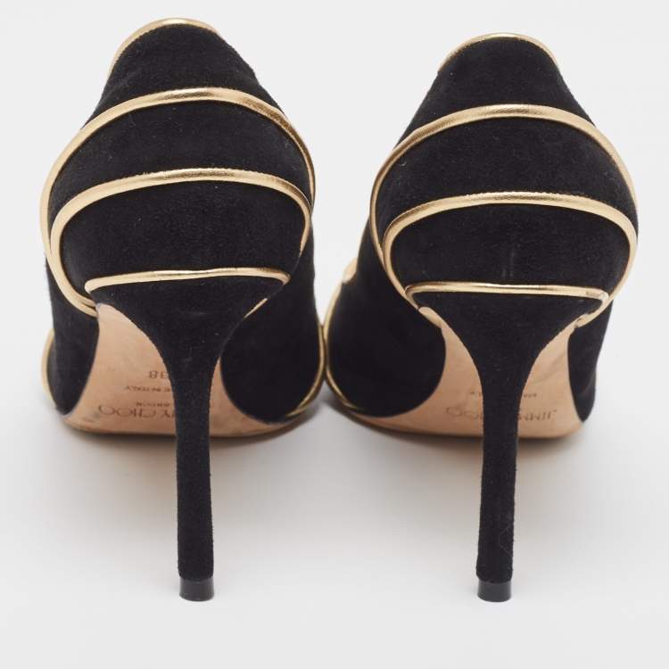 Pre Owned Jimmy Choo Black/Gold Suede and Leather Romy Pumps Size 38