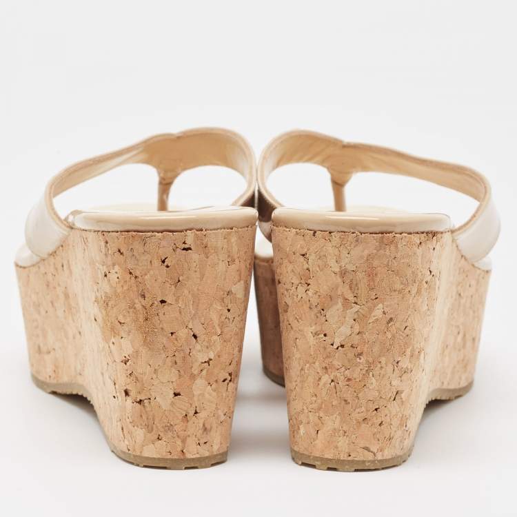 Pre Owned Jimmy Choo Beige Patent Leather Pathos Thong Cork Wedge Slides Size 37.5