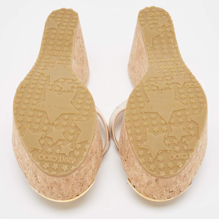 Pre Owned Jimmy Choo Beige Patent Leather Pathos Thong Cork Wedge Slides Size 37.5