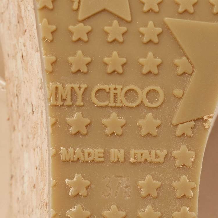Pre Owned Jimmy Choo Beige Patent Leather Pathos Thong Cork Wedge Slides Size 37.5