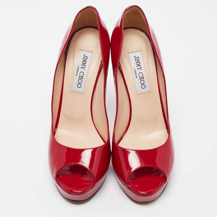 Pre Owned Jimmy Choo Red Patent Leather Luna Pumps Size 38.5