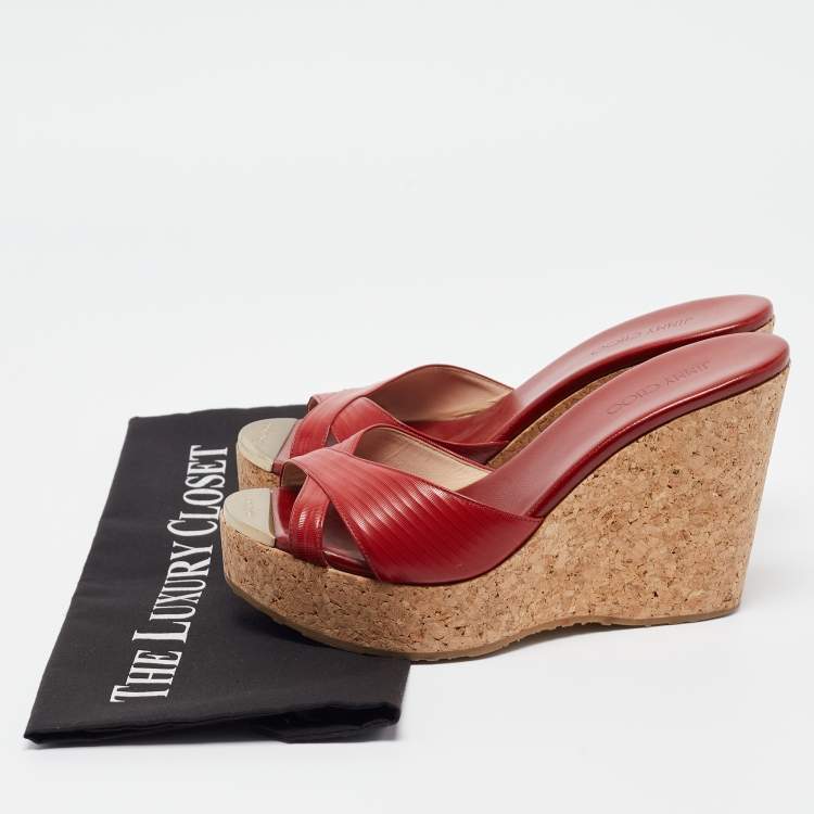 Pre Owned Jimmy Choo Red Leather Prima Wedge Sandals Size 38