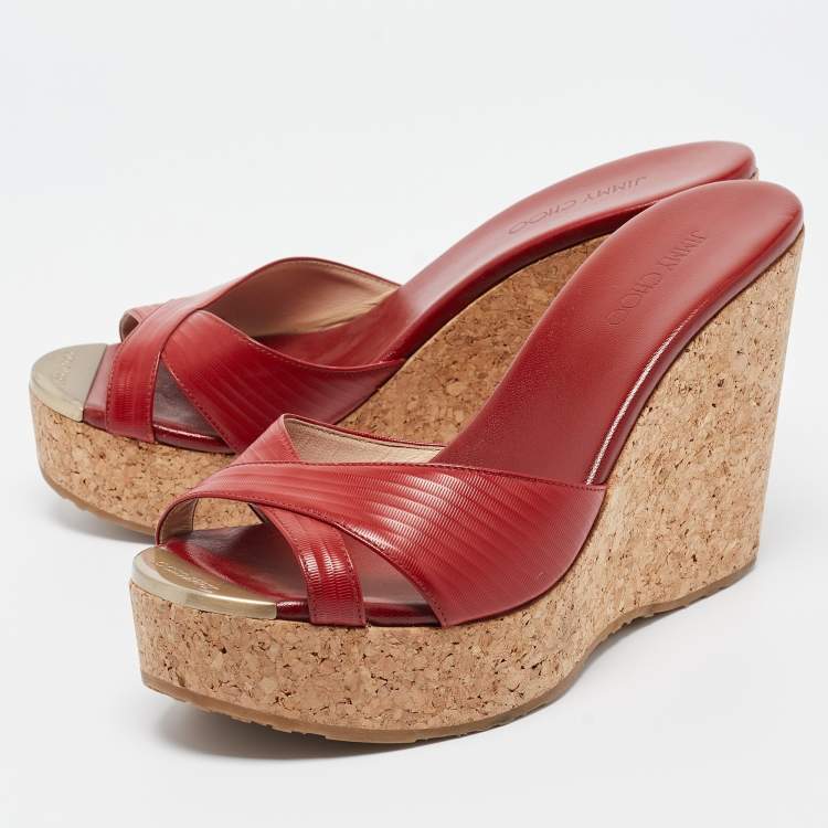 Pre Owned Jimmy Choo Red Leather Prima Wedge Sandals Size 38