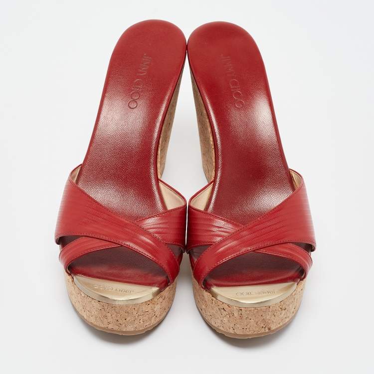 Pre Owned Jimmy Choo Red Leather Prima Wedge Sandals Size 38
