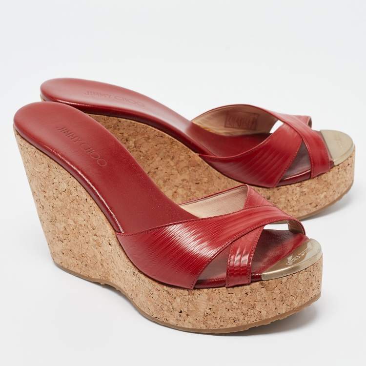 Pre Owned Jimmy Choo Red Leather Prima Wedge Sandals Size 38