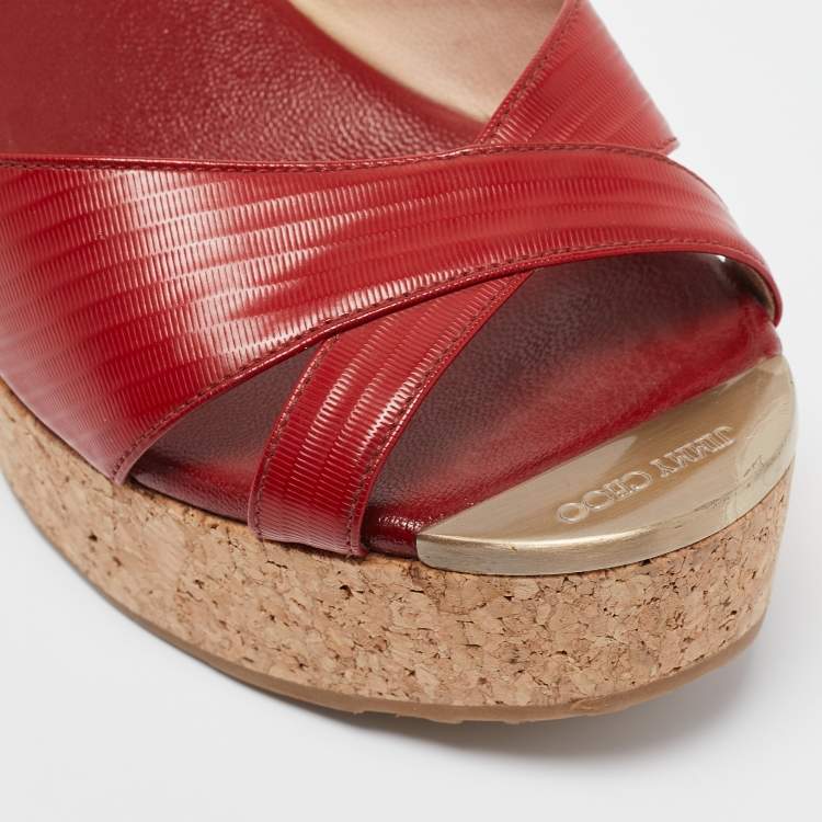 Pre Owned Jimmy Choo Red Leather Prima Wedge Sandals Size 38
