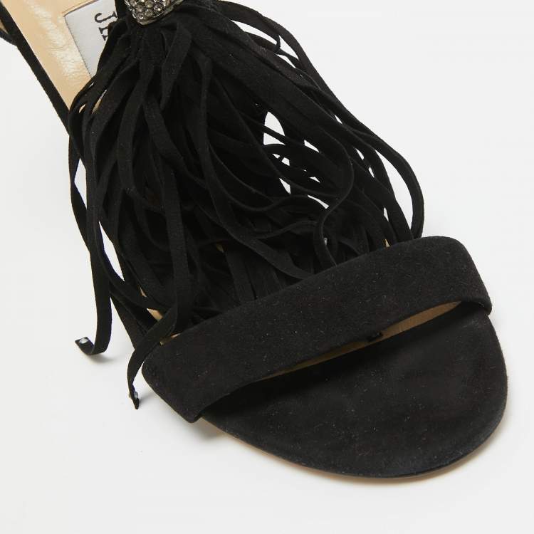 Pre Owned Jimmy Choo Black Suede Viola Tassel Fringe Sandals Size 35