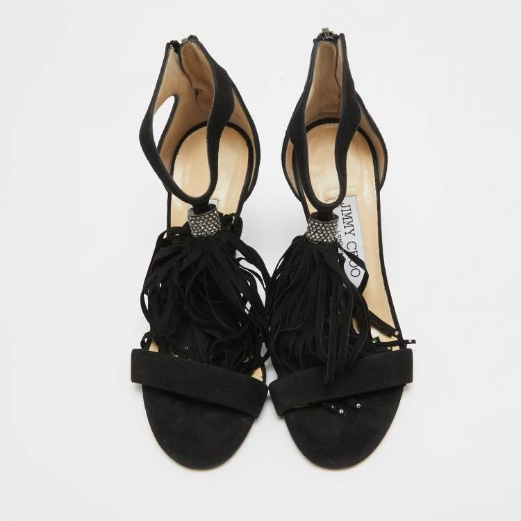Pre Owned Jimmy Choo Black Suede Viola Tassel Fringe Sandals Size 35