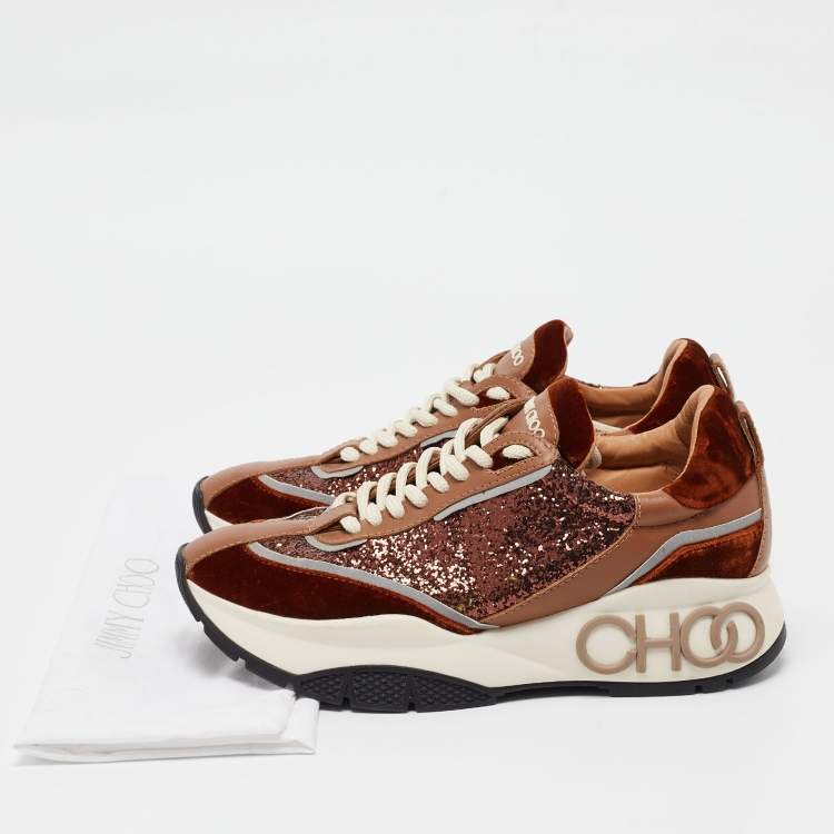 Pre Owned Jimmy Choo Multicolor Velvet and Glitter Raine Sneakers Size 38.5