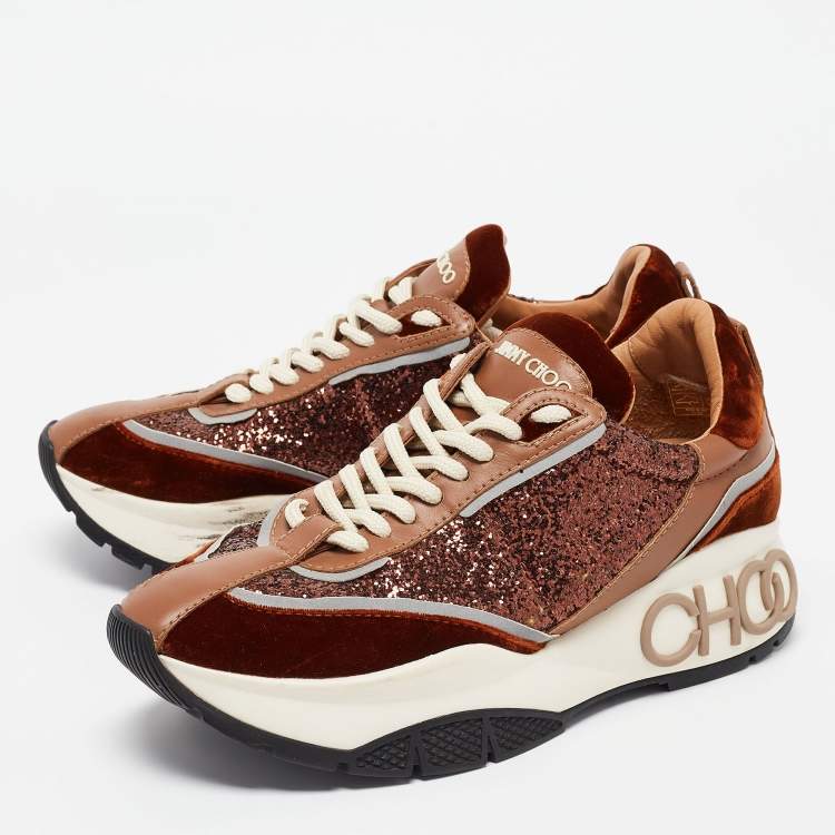 Pre Owned Jimmy Choo Multicolor Velvet and Glitter Raine Sneakers Size 38.5