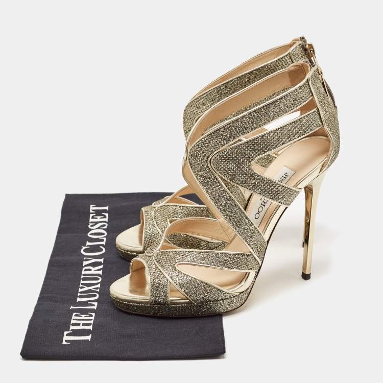 Pre Owned Jimmy Choo Gold Glitter and Leather Sandals Size 36 