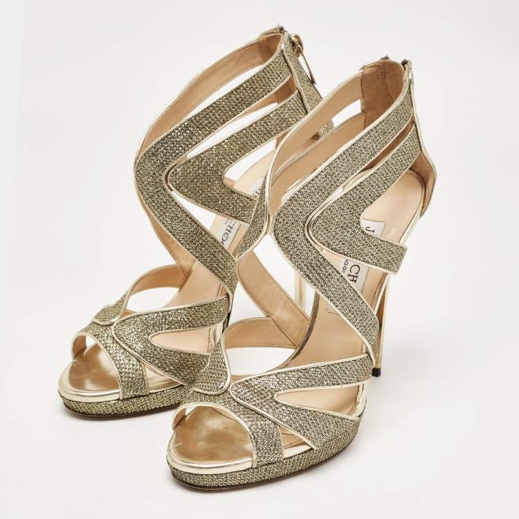 Pre Owned Jimmy Choo Gold Glitter and Leather Sandals Size 36 
