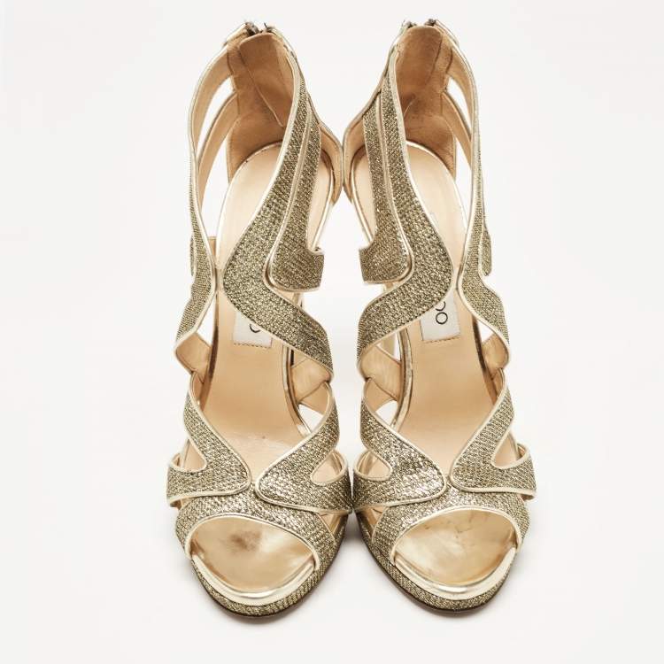 Pre Owned Jimmy Choo Gold Glitter and Leather Sandals Size 36 