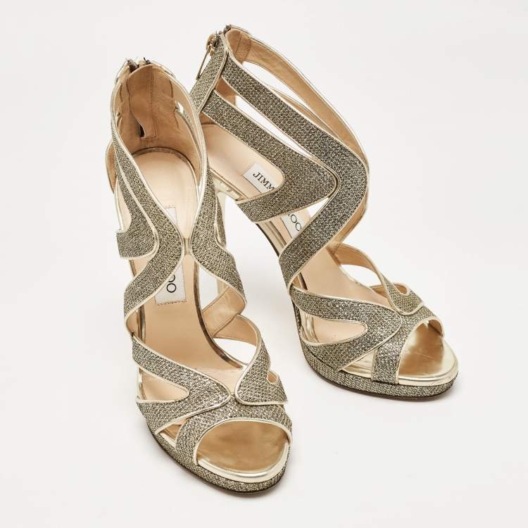 Pre Owned Jimmy Choo Gold Glitter and Leather Sandals Size 36 